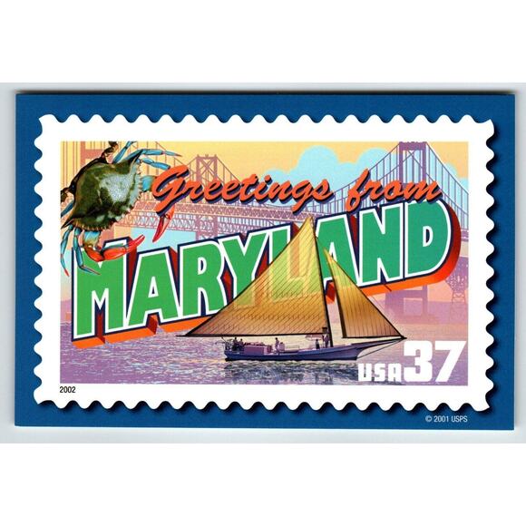 Greetings From Maryland Large Letter Chrome Postcard USPS 2001 Crabs Sailboat - Picture 1 of 2